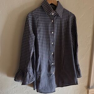 Fine Garments by Bell Blue and White Plaid Button-Up Shirt with Pleated Sleeves